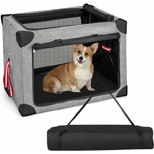 COSTWAY Hundetransportbox faltbar, tragbare Hundebox mit abnehmbarem Pad & Tasche, Grau+schwarz (L-80 x 59 x 59 cm) – Costway