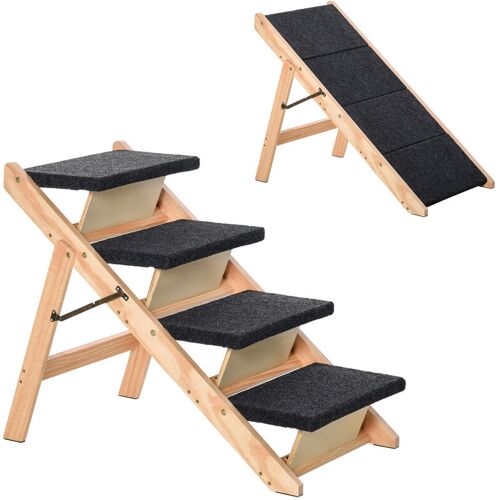 Pawhut – Haustiertreppe 2-in1 Hunderampe Katzentreppe 4 Stufen Hundetreppe Faltbar Tiertreppe für Katzen und Hunde Kiefernholz Natur+Schwarz 80 x 47