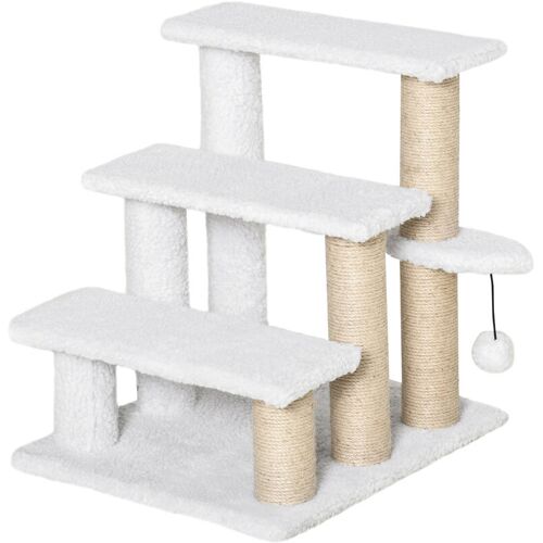 PawHut Haustiertreppe mit Kratzbaum Ball 3-stufige Katzentreppe Hundetreppe Tiertreppe Spanplatte Plüsch Jute Weiß 45 x 40 x 48 cm – Weiß – Pawhut