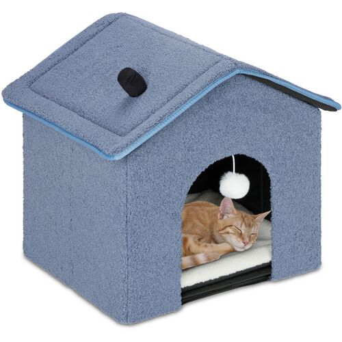 RELAXDAYS Katzenhöhle, faltbar, flauschig, Versteck für Katzen & kleine Hunde, hbt: 44x48x45 cm, Indoor Hundehütte, blau – Relaxdays