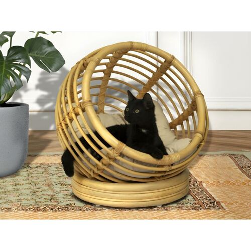 VENTE-UNIQUE Runder Heimtierkorb aus Rattan – 49.5 x 51 cm – Naturfarben – malabo – Naturfarben hell, Weiß