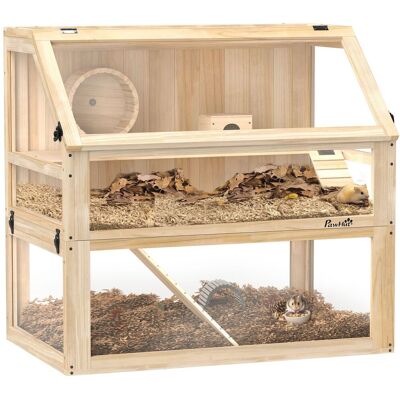 PawHut Hamsterkäfig aus Holz 3 Etagen Nagerkäfig mit Wippe Laufrad Hütte Naturholz PawHut Hamsterkäfig aus Holz 3 Etagen Nagerkäfig mit Wippe Laufrad Hütte Naturholz