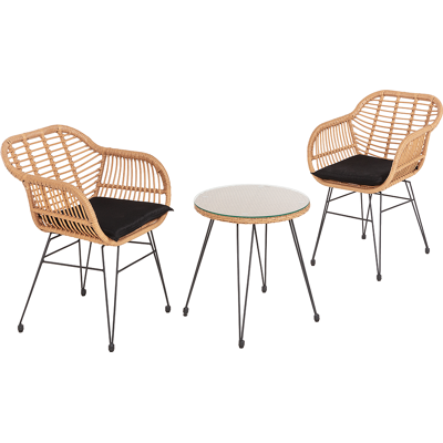Happy Home 3tlg. Balkonset helles Rattan mit Sitzkissen - Schwarz Happy Home 3tlg. Balkonset helles Rattan mit Sitzkissen - Schwarz
