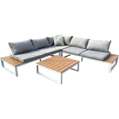 Happy Home 14tlg. Loungeset aus Aluminium inkl. Auflagen HGS64-HGR hellgrau mit Holzoptik Happy Home 14tlg. Loungeset aus Aluminium inkl. Auflagen HGS64-HGR hellgrau mit Holzoptik