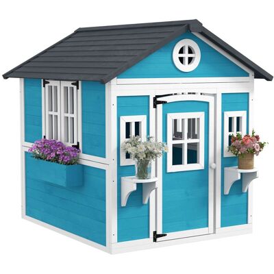 Outsunny Kinderspielhaus aus Holz mit Fenster, Blumenregal, Pflanzenkasten und Tür Blau Outsunny Kinderspielhaus aus Holz mit Fenster, Blumenregal, Pflanzenkasten und Tür Blau