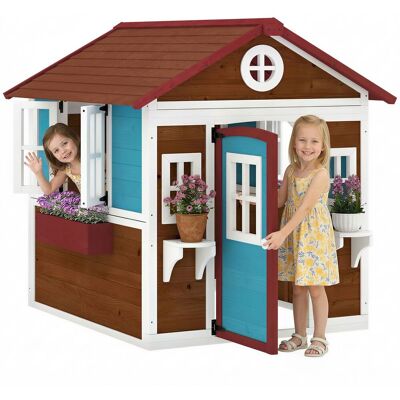 Outsunny Kinderspielhaus aus Holz mit Fenster, Blumenregal, Pflanzenkasten und Tür Blau Outsunny Kinderspielhaus aus Holz mit Fenster, Blumenregal, Pflanzenkasten und Tür Blau