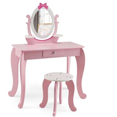 Costway Schminktisch-Set für Kinder, 2-in-1 Kinder Schreibtisch aus Holz mit Hocker Costway Schminktisch-Set für Kinder, 2-in-1 Kinder Schreibtisch aus Holz mit Hocker