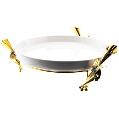 Almina Serviertablett Rund mit Ständer Gold & Porzellan Teller Weiß Almina Serviertablett Rund mit Ständer Gold & Porzellan Teller Weiß