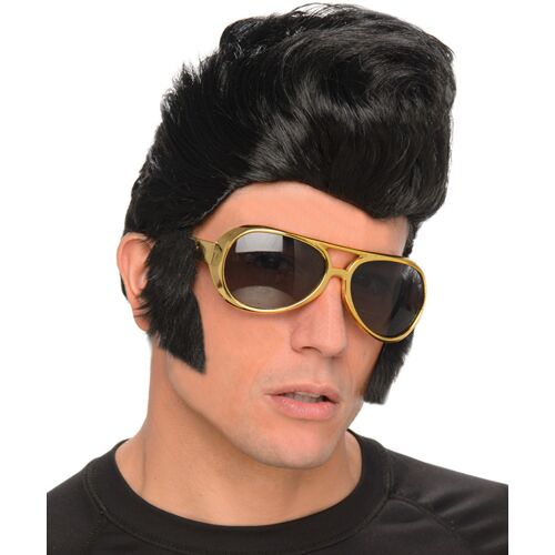 KARNEVAL-MEGASTORE Rock and Roll Perücke Herren schwarz mit Brille gold - male