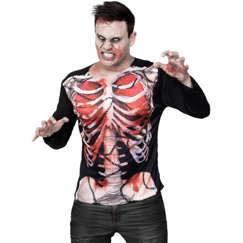 KARNEVAL-MEGASTORE Zombie Skelett Halloween-Shirt schwarz-weiss-rot