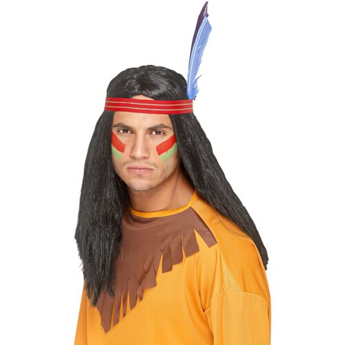 SMIFFY''S Häuptling Perücke mit Haarband und Feder schwarz-rot-blau