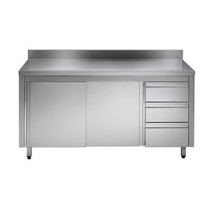 Inox E Inox GastroHero Edelstahl-Arbeitsschrank ECO mit Schiebetür und 3 Schubladen 20x7 mit Aufkantung