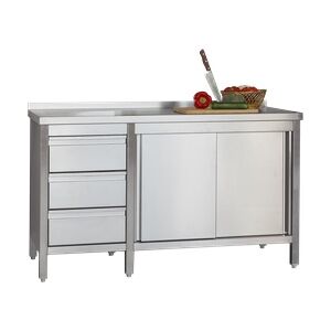 Brenn Blech GastroHero Edelstahl Arbeitsschrank Profi mit Flügeltüren - Aufkantung und 3 Schubladen 1400 x 700 x 850 mm