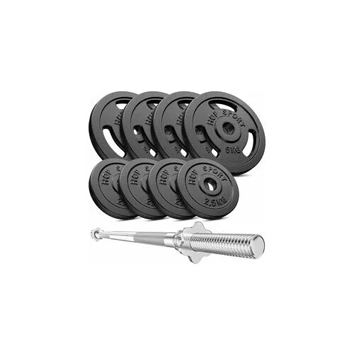 Set aus Gusseisengewichten Langhantel Hop-Sport Strong 39kg mit gerader Stange schwarz 39 kg