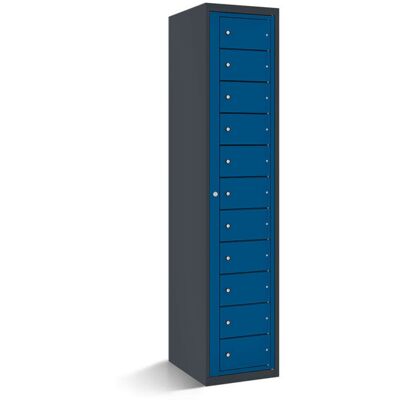 rotstahl Fächerschrank mit Zentraltür 11 Fächer mit anthrazitgrauem Korpus; 40x50x180 cm (BxTxH); dunkelblau rotstahl Fächerschrank mit Zentraltür 11 Fächer mit anthrazitgrauem Korpus; 40x50x180 cm (BxTxH); dunkelblau