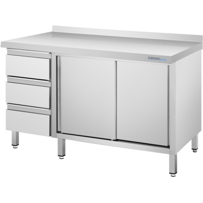 CHROMOnorm Arbeitsschrank mit Schiebetüren und Schubladenblock links, mit Tischplatte Hinten Auf; 200x90x70 cm (BxHxT); grau CHROMOnorm Arbeitsschrank mit Schiebetüren und Schubladenblock links, mit Tischplatte Hinten Auf; 200x90x70 cm (BxHxT); grau