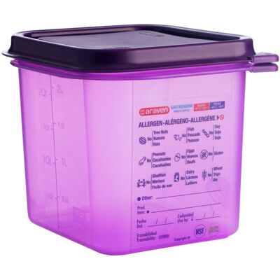 Araven GN-Lebensmittelbehälter; Größe GN 1/6, 2.6 l, 17.6x16.2x15 cm (LxBxT); violett Araven GN-Lebensmittelbehälter; Größe GN 1/6, 2.6 l, 17.6x16.2x15 cm (LxBxT); violett