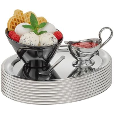 APS Serviertablett KAFFEEHAUS, Edelstahl, oval, hochglanz; 29x22x0.5 cm (LxBxH); silber; oval; 10 Stück / Pack APS Serviertablett KAFFEEHAUS, Edelstahl, oval, hochglanz; 29x22x0.5 cm (LxBxH); silber; oval; 10 Stück / Pack