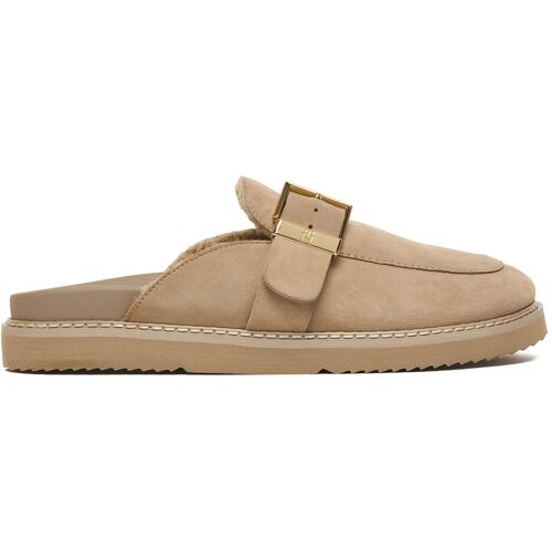 Pantoletten Tommy Hilfiger Th Buckle Fur Suede Mule FW0FW09083 Beige 37 female
