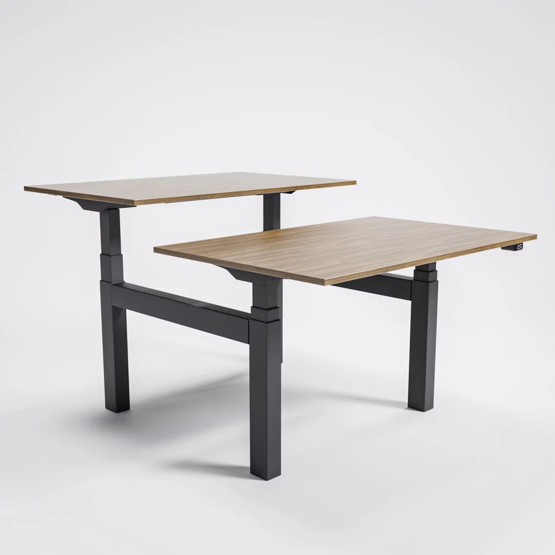 Brizley of Scandinavia Höhenverstellbarer Doppel-Schreibtisch AdjusTable Bench PRO6, Tischplatte Walnuss, Stativ Schwarz, Größe 180x80 cm