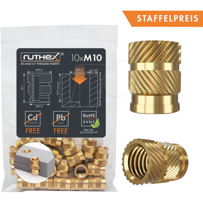 RUTHEX RX-M10X12.7 - 3D Druck, Gewindeeinsätze, M10x12,7, 10 Stück RUTHEX RX-M10X12.7 - 3D Druck, Gewindeeinsätze, M10x12,7, 10 Stück