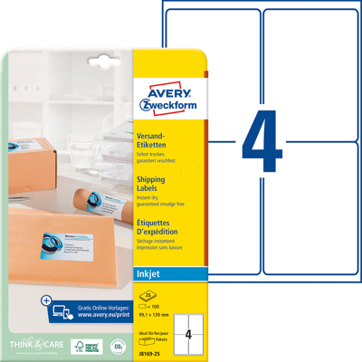 AVERY ZWECKFORM AVZ J8169-25 - Adressetikett, Paketetiketten, 99,1 x 139 mm, 100 Stück, weiß AVERY ZWECKFORM AVZ J8169-25 - Adressetikett, Paketetiketten, 99,1 x 139 mm, 100 Stück, weiß