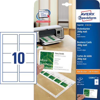 AVERY ZWECKFORM AVZ C32011-25 - Visitenkarten, glatte Kanten, 250 Stück, weiß AVERY ZWECKFORM AVZ C32011-25 - Visitenkarten, glatte Kanten, 250 Stück, weiß