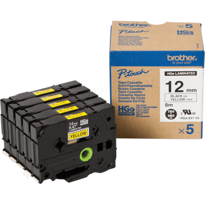 Brother P-TOUCH HGE-631 - High Grade Schriftband, schwarz auf gelb, Multipack, 12 mm Brother P-TOUCH HGE-631 - High Grade Schriftband, schwarz auf gelb, Multipack, 12 mm