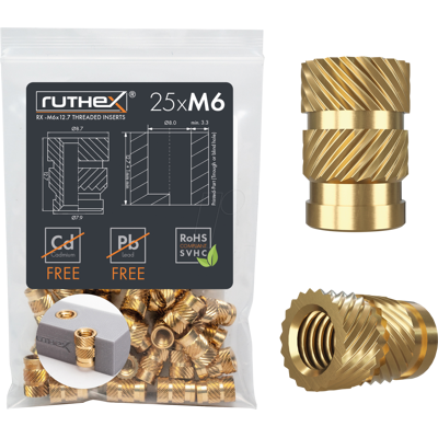 RUTHEX RX-M6X12,7 - 3D Druck, Gewindeeinsätze, M6x12,7, 25 Stück RUTHEX RX-M6X12,7 - 3D Druck, Gewindeeinsätze, M6x12,7, 25 Stück