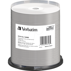 VERBATIM 43718 - CD-R 700 MB, 52x, Thermisch bedruckbar, 100er Spindel