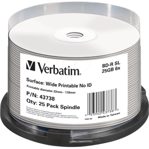 VERBATIM 43738 - BD-R, No-ID bedruckbar 25 GB, 6x, 25er Pack Spindle