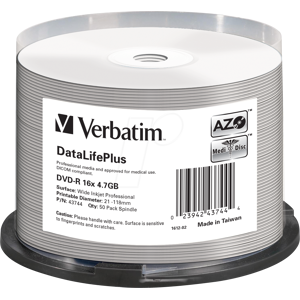 VERBATIM 43744 - DVD-R 4,7 GB, bedruckbar, 50er Spindel