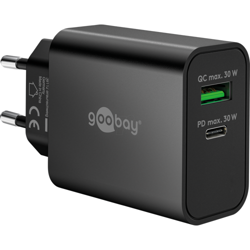 GOOBAY 75335 - USB-Ladegerät dual, 30 W, 1xUSB-C PD 1x USB-A QC, GaN, schwarz