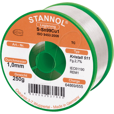 Stannol STA 511 TC 1,0 - Sn99Cu1 Lötzinn Stannol STA 511 TC 1,0 - Sn99Cu1 Lötzinn