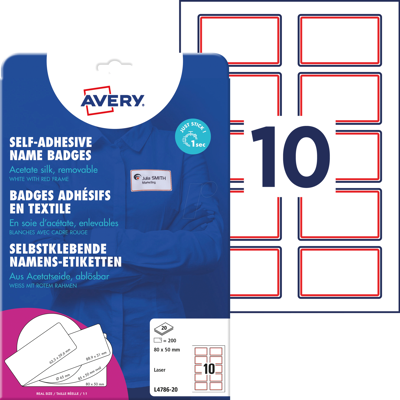 AVERY ZWECKFORM AVZ L4786-20 - Namens-Etiketten, Acetatseide, 80 x 50 mm, 200 Stück, roter Rand AVERY ZWECKFORM AVZ L4786-20 - Namens-Etiketten, Acetatseide, 80 x 50 mm, 200 Stück, roter Rand