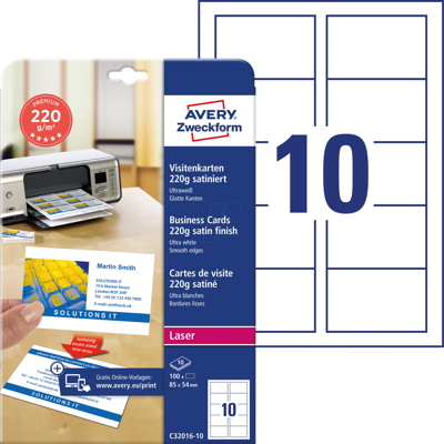 AVERY ZWECKFORM AVZ C32016-10 - Visitenkarten, glatte Kanten, satiniert, 100 Stück, weiß AVERY ZWECKFORM AVZ C32016-10 - Visitenkarten, glatte Kanten, satiniert, 100 Stück, weiß