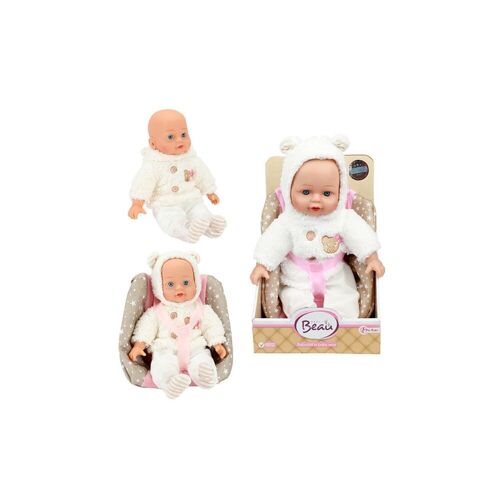 Toi-Toys Babypuppe in Bären-Jacke und Kindersitz 33cm