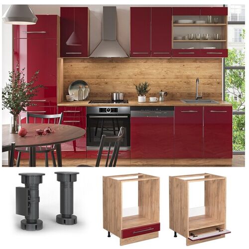 Vicco Herdumbauschrank Küchenschrank Küchenmöbel Fame-Line Eiche Rot Bordeaux modern 60 cm Küche Einbauküche Blende Herdschrank Küchenzeile Hochglanz