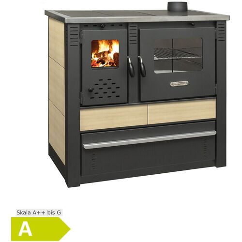 Pro Termo doo Küchenherd Holzofen PANONIA mit Kacheln creme – 10,5 kW Dauerbrandherd – rechte Version inklusive Ofenrohrset 120mm schwarz