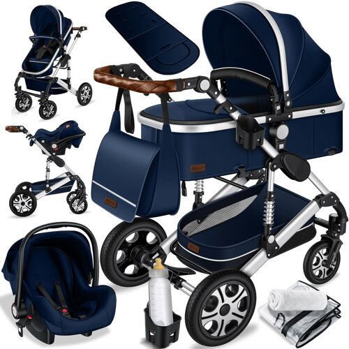 KESSER® Loops 3 in 1 Kinderwagen Kombikinderwagen Komplettset incl. Babywanne & Buggy Sportsitz & Auto-Babyschale – Voll-Gummireifen – Wickeltasche/Regenschutz/Kindertisch Set