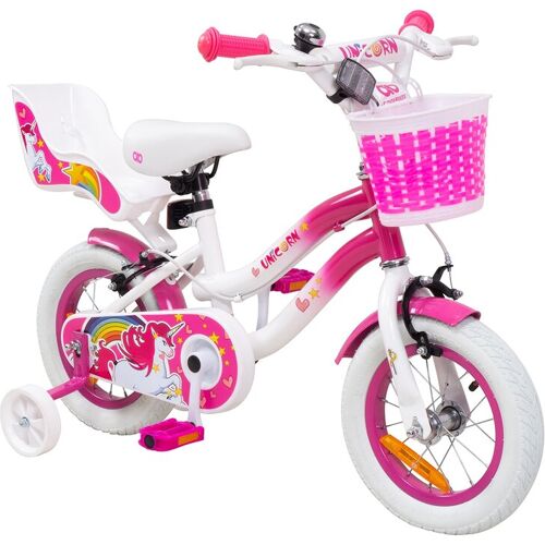 Actionbikes Motors Actionbikes Kinderfahrrad Unicorn 12 Zoll, Pink, Einhorn-Design, Puppensitz, Stützräder, Fahrradkorb