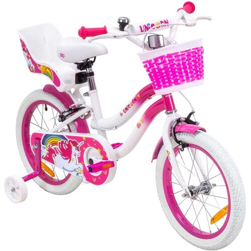 Actionbikes Motors Actionbikes Kinderfahrrad Unicorn 16 Zoll, Pink, Einhorn-Design, Puppensitz, Stützräder, Fahrradkorb