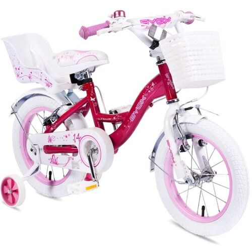 Byox Kinderfahrrad 14 Zoll Flower rosa Stützräder, Frontkorb, Puppensitz Klingel