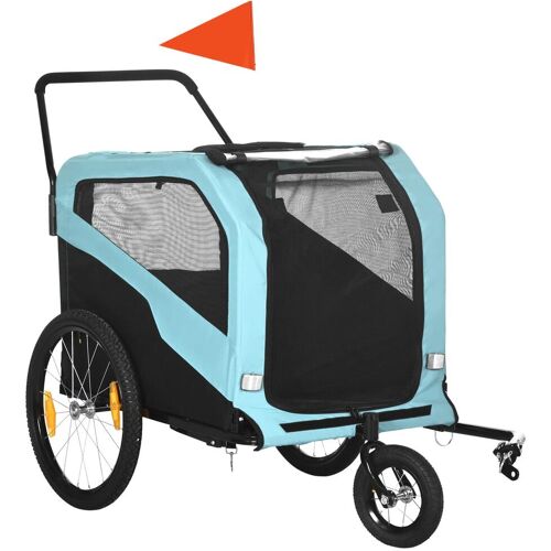 PawHut Hundeanhänger mit Schiebegriff und Fahne blau 170L x 77B x 90H cm   fahrradhundeanhänger fahrradanhänger hundeanhänger