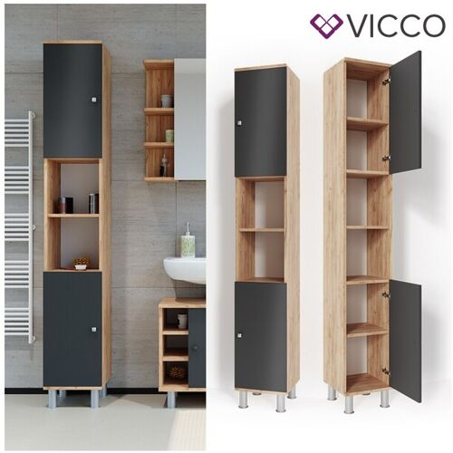 VICCO Badschrank FYNN 190 x 30 cm Eiche Anthrazit Badezimmerschrank Hochschrank