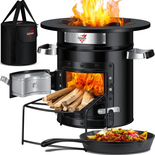 KESSER® Raketenofen Inkl. Grillpfanne aus Gusseisen mit Tragetasche, Dutch Oven BBQ Rakete Holzofen Camping Campingkocher Campinggrill, Edelstahl