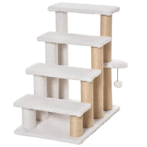 PawHut Haustiertreppe mit Krätzsäulen weiß 60 x 40 x 64 cm (LxBxH)   Hundetreppe Einstiegshilfe mit Teppich Katzentreppe