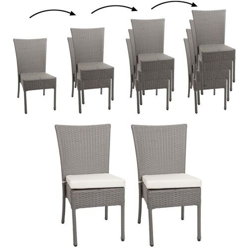 MCW 2er-Set Poly-Rattan Stuhl MCW-G19, Balkonstuhl Gartenstuhl, stapelbar ~ grau, Kissen creme