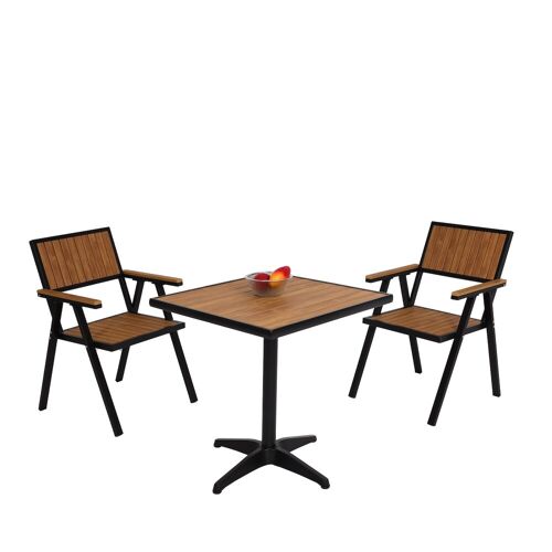 MCW 2er-Set Gartenstuhl+Gartentisch MCW-J95, Stuhl Tisch, Gastro Outdoor-Beschichtung, Alu Holzoptik ~ schwarz, teak
