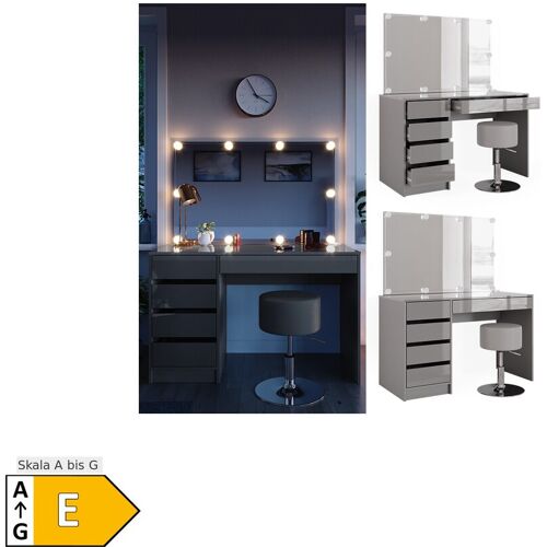 Vicco Schminktisch Frisiertisch Frisierkommode Sherry Grau Schminkspiegel LED Hocker 120×75 cm modern Schlafzimmer Kommode Schublade Ablage Aufbewahrung Kosmetiktisch Make-Up-Tisch Hochglanz